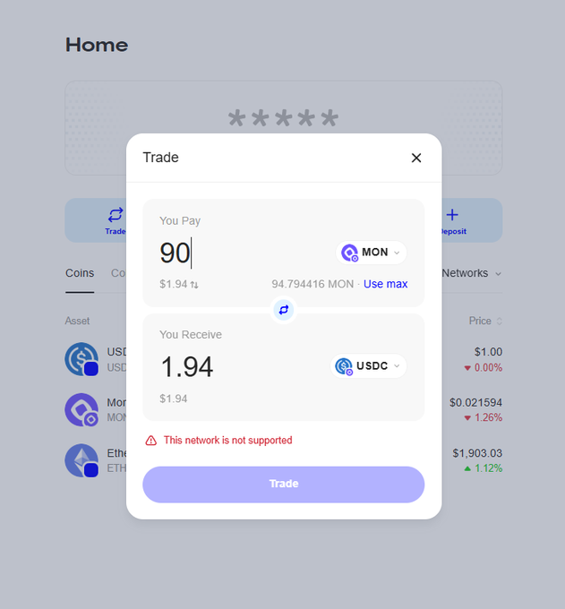 A user is attempting to swap 94.794416 MON for 1.94 USDC through the Base App trading interface, but the transaction is blocked by a "This network is not supported" error message, indicating that Monad network swaps are not currently available on the platform.