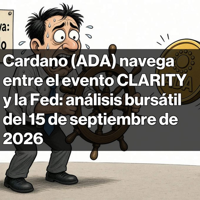 An illustration of a sweating man gripping a ship's wheel nervously, overlaid with the Spanish text "Cardano (ADA) navega entre el evento CLARITY y la Fed: análisis bursátil del 15 de septiembre de 2026".