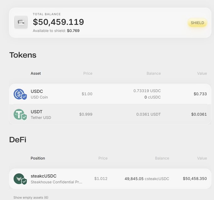 A wallet interface displaying a total balance of $50,459.119, with holdings in USDC and USDT tokens, plus a DeFi position in steakeUSDC (Steakhouse Confidential) valued at $50,458.350.