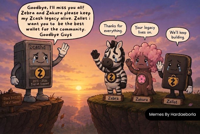 This animated farewell from "zcashd" (2016-2026, end of support) to Zebra, Zakura, and Zallet illustrates the Zcash software's retirement and the community's commitment to continue its legacy.