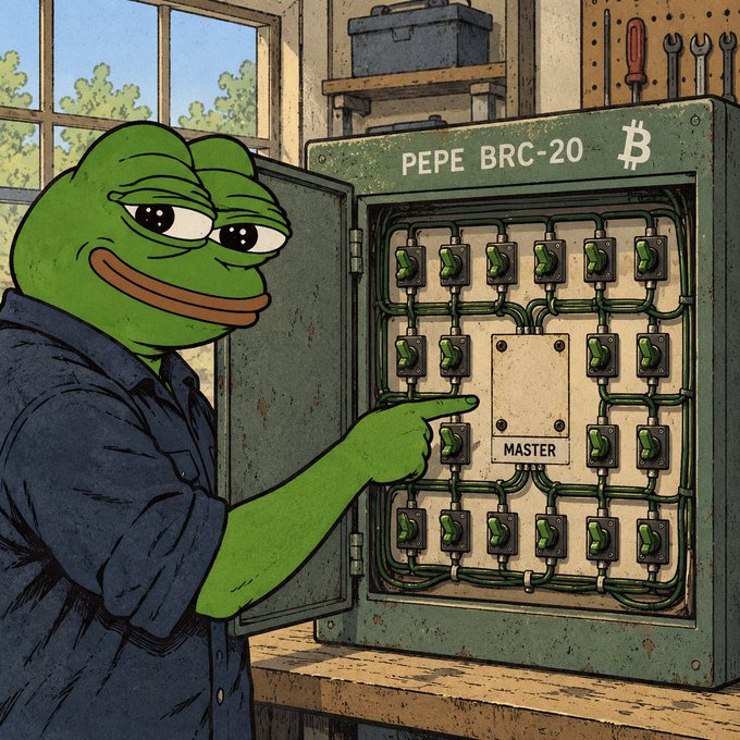A cartoon Pepe frog opens an electrical cabinet labeled “PEPE BRC-20,” pointing toward a central plate labeled “MASTER” amid rows of small green switches and a Bitcoin symbol.