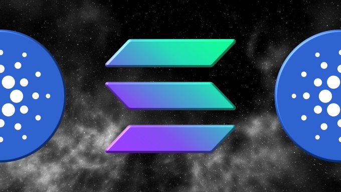 The image features the Solana logo (purple-to-teal gradient stripes) centered between two Cardano (ADA) logos, visually representing the mention of $ADA by Solana's co-founder Anatoly Yakovenko. The cosmic background emphasizes the significance of this cross-chain recognition in the crypto space.