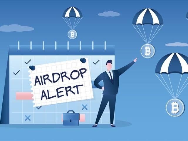 A cartoon illustration features a businessman pointing toward parachutes delivering Bitcoin tokens, with a calendar displaying "AIRDROP ALERT" and a briefcase, symbolizing free crypto rewards—a visual metaphor for the post's reminder to claim active airdrops like Meteora (app.meteora.ag/campaigns).