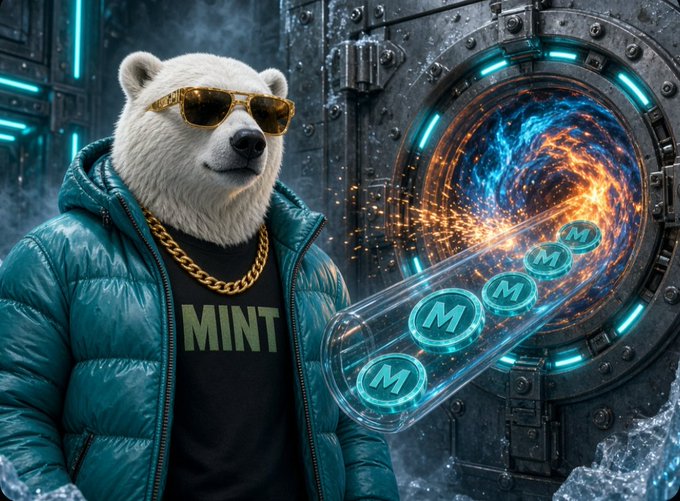 A polar bear wearing sunglasses and a 'MINT' shirt standing before a glowing portal, with a tube of 'M' branded coins emerging from it.