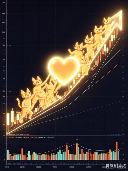 A neon-style illustration of orange cats pushing a glowing heart up a rising arrow over a stock chart with candlestick graphs.
