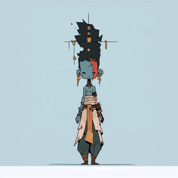 A stylized character with dark spiky hair, glowing markings on the face, and an orange sash, holding what appears to be a book or scrolls, rendered in an anime art style.