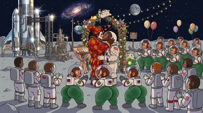 A whimsical illustration depicts astronauts in spacesuits attending an outdoor wedding on a moon or alien landscape, with one couple embracing under a floral arch while others clap, with the moon and a spiral galaxy visible in the sky above.