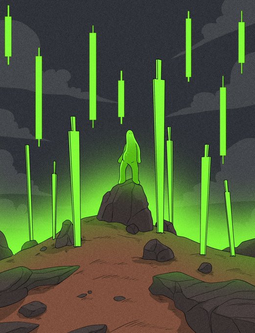 A glowing green figure stands atop a rocky mound surrounded by floating green candlestick charts that resemble a financial trading chart, with the $goopy crypto ticker suggesting a triumphant meme-related market rally.