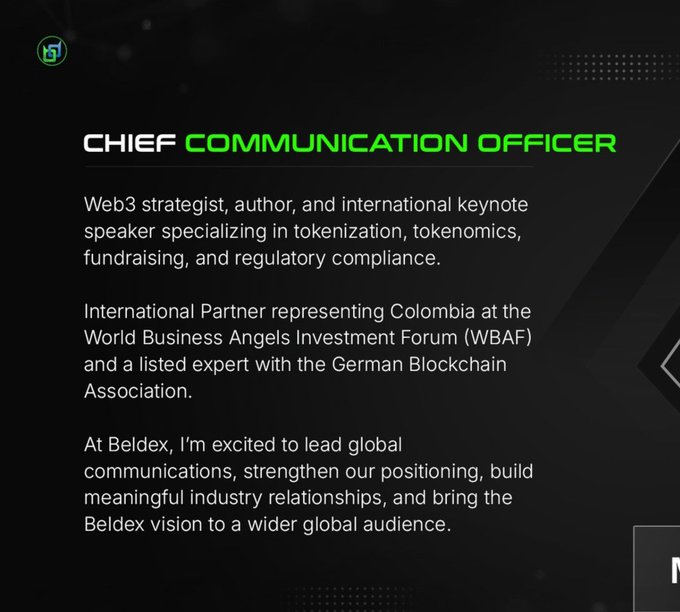 The image displays the bio of Beldlex's Chief Communication Officer, a Web3 strategist, which provides context for the text describing BChat's sign-in method that uses a BChat ID instead of a phone number or email.
