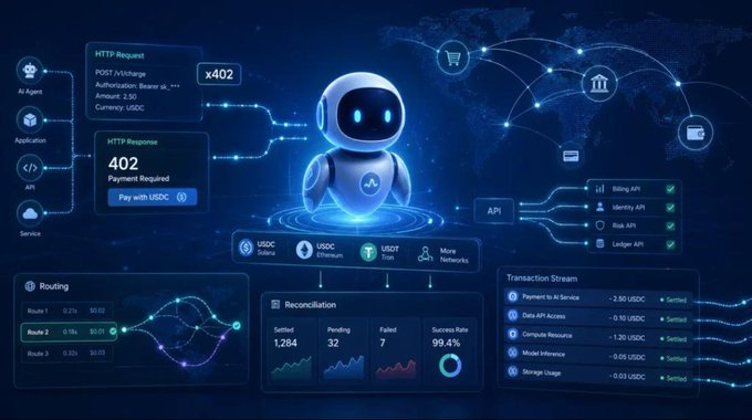 A futuristic AI dashboard featuring a white robot mascot displaying cryptocurrency transaction data including an HTTP Request (x402) for 2.30 USDC, API connections to Billing, Identity, Risk, and Ledger APIs, and routing charts with 99.4% success rate.