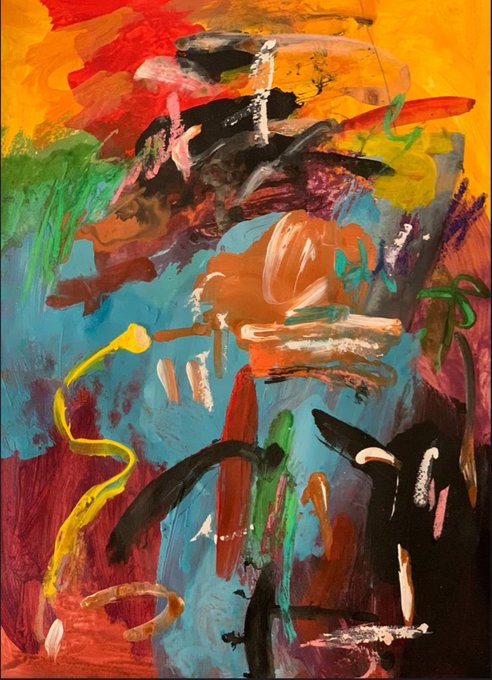 The image features an abstract painting with various colors, including red, blue, green, yellow, black, white, and orange. The artwork appears to be a mix of different styles and techniques, creating a visually striking piece that captures attention. The painting is displayed on a canvas or wall, making it the central focus of the scene.