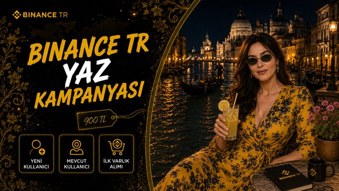 A promotional image for the "Binance TR Yaz Kampanyası" (Binance TR Summer Campaign) featuring a woman in a yellow floral dress holding a drink, set against a nighttime Venice backdrop. The ad offers a 900 TL gift voucher to three user categories—new users ("Yeni Kullanıcı"), existing users ("Mevcut Kullanıcı"), and first-time buyers ("İlk Varlık Alımı")—directly illustrating the accompanying post's announcement of summer rewards for qualifying Binance TR users.