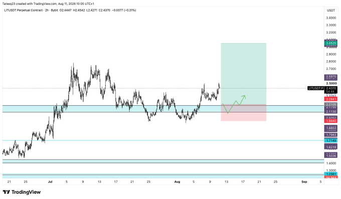 A TradingView chart of LIT/USDT Perpetual Contract on Bybit shows the price at 2.4370, down 0.31%, with an annotated trade setup featuring a green shaded entry zone and a projected bullish move (green arrow) toward the $3.03 resistance area, aligning with the post about getting filled on the LIT position.