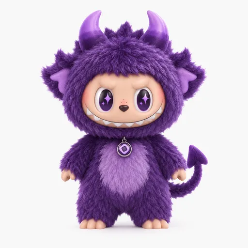 A purple, fuzzy monster-like figure with horns, large eyes, a wide toothy grin, and a tail stands against a white background.