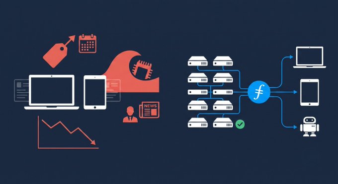 The image illustrates a contrast between supply scarcity causing price hikes and falling demand (left side, showing declining graphs, declining sales, and devices), versus distributed storage infrastructure providing abundant capacity (right side, showing Filecoin's network of servers delivering data to laptops, tablets, and robots). The "f" logo represents Filecoin positioning itself as a solution to the kind of hardware shortages driving Apple's price increases and stock decline.