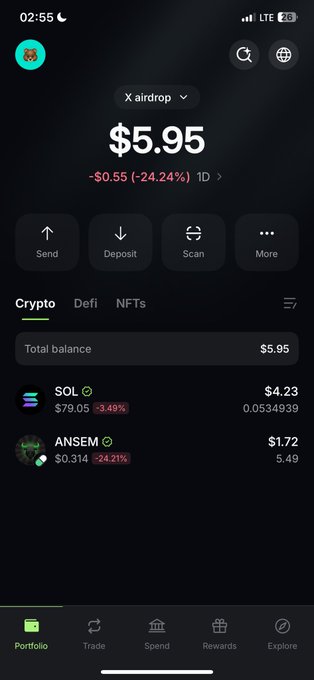 A mobile crypto portfolio app screenshot showing a total balance of $5.95, down 24.24% in 1D, with holdings in SOL ($4.23) and ANSEM ($1.72).