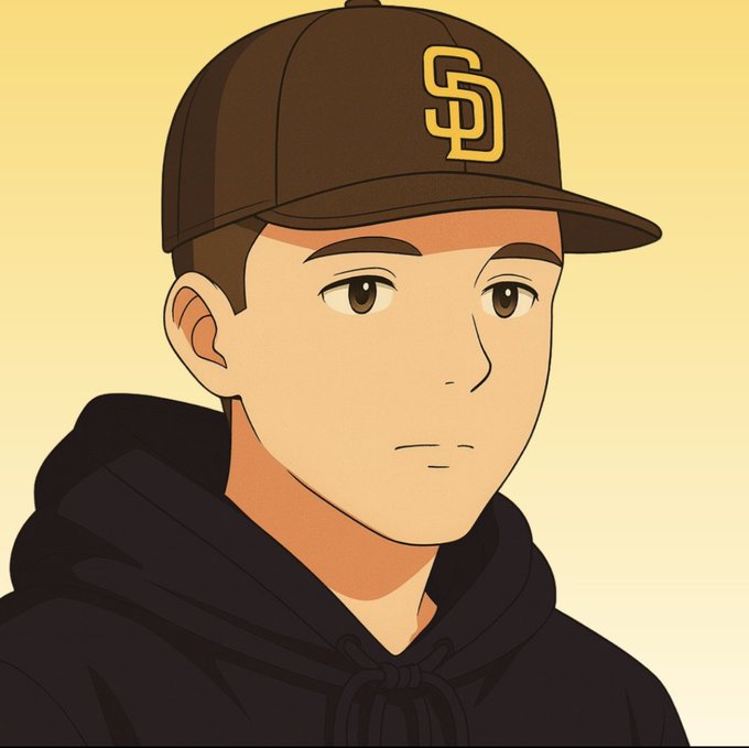 An anime-style portrait shows a young man wearing a black hoodie and a brown San Diego Padres 'SD' baseball cap against a yellow background.