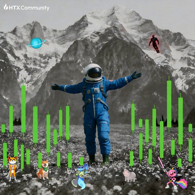 A digital artwork featuring an astronaut standing in a field with mountains behind them, overlaid with a green stock chart and cartoon mascots, branded with 'HTX Community'.