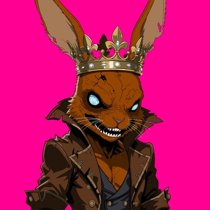 A stylized illustration of an anthropomorphic rabbit wearing a golden crown and a brown coat against a bright pink background, featuring glowing blue eyes and sharp teeth.