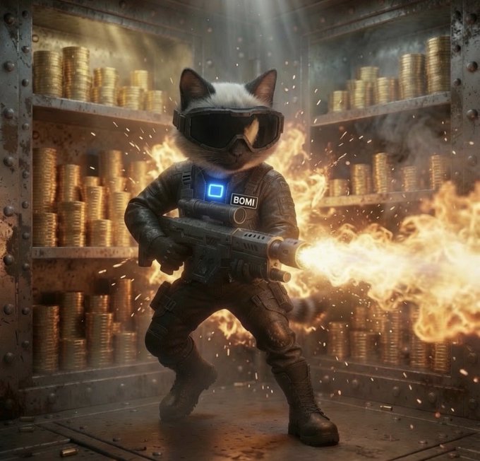 AI-generated image of a white and gray cat wearing tactical gear, VR goggles, and holding a weapon labeled 'BOMI' while firing, with flames and gold coins in the background.