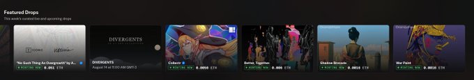 A screenshot of OpenSea's "Featured Drops" page displays a carousel of NFT collections including "No Such Thing As Changezatti," "Divergents," "Colecto," "Vortex: Together," "Shadow Brocade," and "War Paint," all showing 0 ETH volume. The image illustrates the poster's complaint that featured collections appear to be stagnating with no mints or trading activity, highlighting the need for fresher, verified projects like Screenz to gain visibility on the platform.