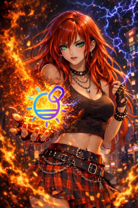 The image features an illustration of a woman with red hair, dressed in a skirt and holding a blue and white symbol that appears to be a sun or moon. The background of the image is dark and filled with flames, creating a fiery atmosphere. The caption at the bottom of the image reads "HAPPY ANNIVERSARY SOLONCHAIN!! This is the space to be in today guys! Take my word! We are celebrating with a mega space to end all mega spaces!!!".