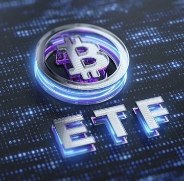 A stylized 3D rendering of a silver Bitcoin coin with glowing purple and blue neon accents sits above the illuminated text "ETF," set against a digital circuit board background—visually symbolizing the record $3.5 billion in inflows posted by U.S. Bitcoin ETFs, their strongest month since September 2025.