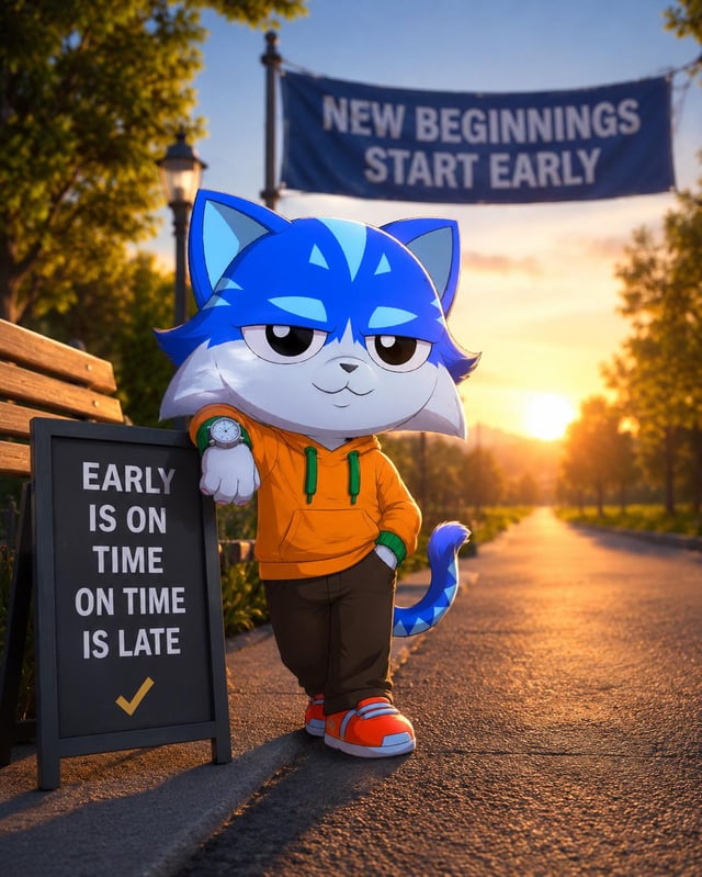 In the image, there's a cartoon cat standing next to a sign with the text "Early is on time is late". The cat appears to be wearing an orange hoodie and has a blue hat on its head. The background of the image features trees and a bench. The caption above the image reads "The best part about Crypto, Toshi, and the Base is that we are among the early adopters." This suggests that the cartoon cat might be promoting or discussing the concept of cryptocurrency and blockchain technology in an engaging way.