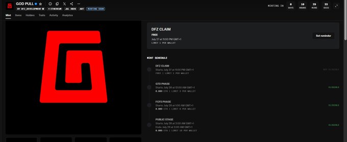 A screenshot of the "GOD PULL" NFT project page on OpenSea, featuring the DFZ CLAIM with a schedule including DFZ CLAIM, GTD PHASE, FCFS PHASE, and PUBLIC STAGE, alongside the iconic red "G" logo. The image supports the post by displaying the mint eligibility interface where users can check their wallets to claim the NFT during the GTD phase.