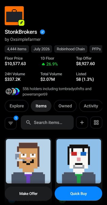 A screenshot of an NFT marketplace showing the 'StonkBrokers' collection on Robinhood Chain, with a floor price of $10,577.63, 24H volume of $337.2K, and 4,444 items listed.