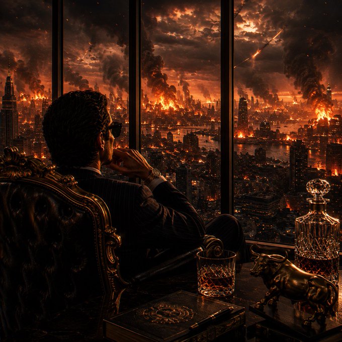 A well-dressed man in sunglasses sits in an ornate leather chair, calmly sipping whiskey while gazing out a floor-to-ceiling window at a burning cityscape below—visually embodying the "tremendous burn" caption through its apocalyptic imagery of widespread destruction.