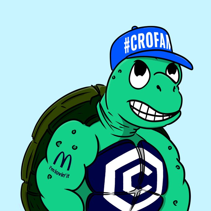 A muscular cartoon turtle wearing a blue "#CROFAM" cap and a chest emblem smiles confidently, displaying a McDonald's-style "i'm lovin' it" tattoo on its bicep—visualizing the post's call to show #crofam strength alongside the $TURTLE ticker.