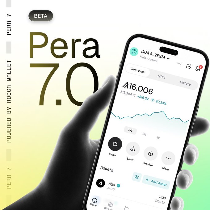 A promotional graphic for 'Pera 7.0', a digital wallet app, showing a hand holding a smartphone displaying a balance of 'A16,006' with options for Swap, Send, and Receive, branded as 'POWERED BY ROCCA WALLET'.