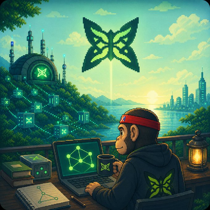 A pixel art illustration of a monkey character wearing a red headband and hoodie with a butterfly logo, sitting at a desk with a laptop showing blockchain network graphics and a matching mug, overlooking a futuristic coastal city with a large butterfly emblem in the sky.