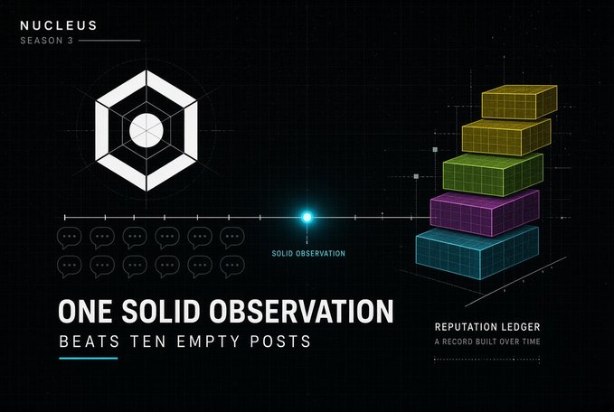 A promotional graphic for 'NUCLEUS SEASON 3' featuring a hexagonal logo, speech bubble icons, and the tagline 'ONE SOLID OBSERVATION BEATS TEN EMPTY POSTS' alongside a 'REPUTATION LEDGER' visualization with stacked colored blocks.