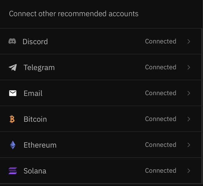 A dark-themed menu titled 'Connect other recommended accounts' showing Discord, Telegram, Email, Bitcoin, Ethereum, and Solana as 'Connected.'