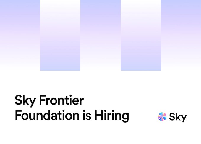 The image features a white background with three vertical lines that are colored purple, blue, and green. The text "Sky Frontier Foundation is hiring" is written below these lines. Below this, there's an arrow pointing towards the sky.