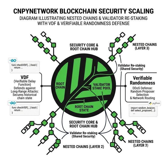 A technical diagram titled 'CNPYNETWORK BLOCKCHAIN SECURITY SCALING' illustrating nested chains and validator re-staking with VDF (Verifiable Delay Function) and verifiable randomness defense, including code snippets in Go and Python.