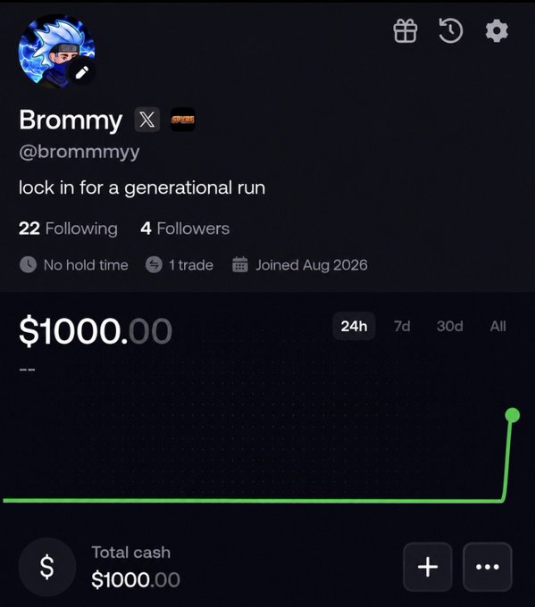A user profile for "Brommy" (@brommmyy) shows a starting cash balance of $1000.00 with a sharp upward green line indicating a recent gain, matching the post's announcement of joining a trading platform and running a $250 giveaway to grow the account into a "generational bag."