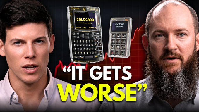 A YouTube thumbnail featuring two hosts alongside images of a Coldcard hardware wallet and Coldcard Wallet device, with the bold text "IT GETS WORSE" displayed prominently against a dark background with red accent graphics. The thumbnail promotes an upcoming live discussion between the two creators about the ongoing Coldcard exploit controversy.