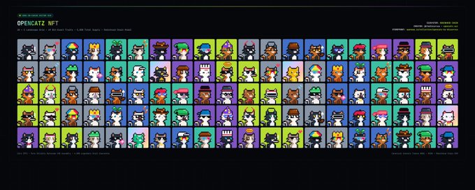 A grid of pixel-art cat avatars labeled 'OPENCATZ NFT' displays numerous colorful cat characters wearing various hats and outfits, with collection details including '4,888 Total Supply' visible at the top.