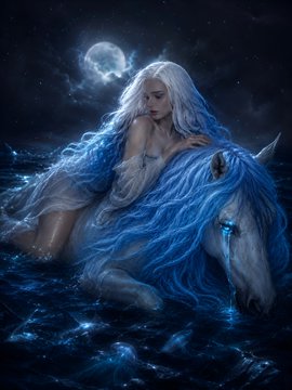 A serene ethereal woman with flowing blue hair rests alongside a white unicorn in moonlit waters, embodying themes of refuge, healing, and otherworldly beauty that align with the featured artworks "Refuge For Every Wound" and "Beyond Sight." The dreamy fantasy imagery reflects the artist's romantic, mystical style shared in this GM post.
