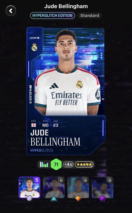 A digital trading card featuring footballer Jude Bellingham in a Real Madrid jersey, labeled 'HYPERGLITCH EDITION' with stats including ENG, MID, and age 23, rated at 71 with a +4% boost and four stars.