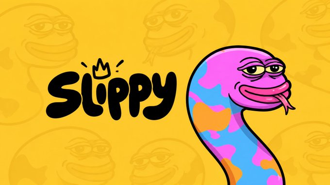 A yellow promotional graphic featuring the 'Slippy' meme coin logo with a colorful cartoon snake (pink, blue, brown patches) and a Pepe-style smiling face with its tongue out.