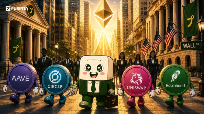 A central cartoon Ethereum mascot with dollar-sign eyes stands alongside coin characters labeled "AAVE," "CIRCLE," "UNISWAP," and "Robinhood," set against a Wall Street backdrop with American flags and a glowing Ethereum logo, visually representing the convergence of major crypto and traditional finance players backing the Ethereum Institutional initiative.