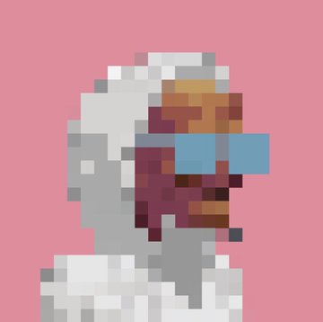 A low-resolution pixel art portrait of a man with white hair, a beard, and blue sunglasses against a solid pink background.
