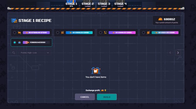 A game interface showing 'STAGE 1 RECIPE' with an account balance of 680812 and several NFT/asset slots with large token IDs, indicating 'You don't have items' for the selected slot.