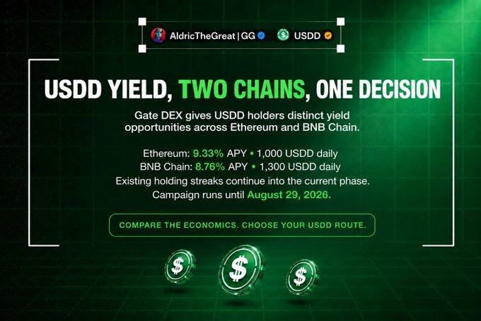 A promotional graphic for 'AldricTheGreat | GG USDD' advertising USDD yield across two chains: Ethereum (9.33% APY, 1,000 USDD daily) and BNB Chain (8.76% APY, 1,300 USDD daily), running until August 29, 2026.