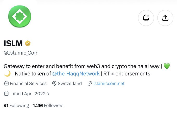 A Twitter/X profile for 'ISLM' (@IslamicCoin) with the verified checkmark, describing it as a 'Gateway to enter and benefit from web3 and crypto the halal way' under Financial Services, based in Switzerland, with 1.2M followers.
