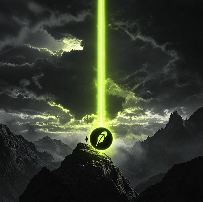 A dramatic dark fantasy scene features a glowing green laser beam descending from stormy clouds onto a circular emblem, with a small figure standing on a rocky mountain peak below.
